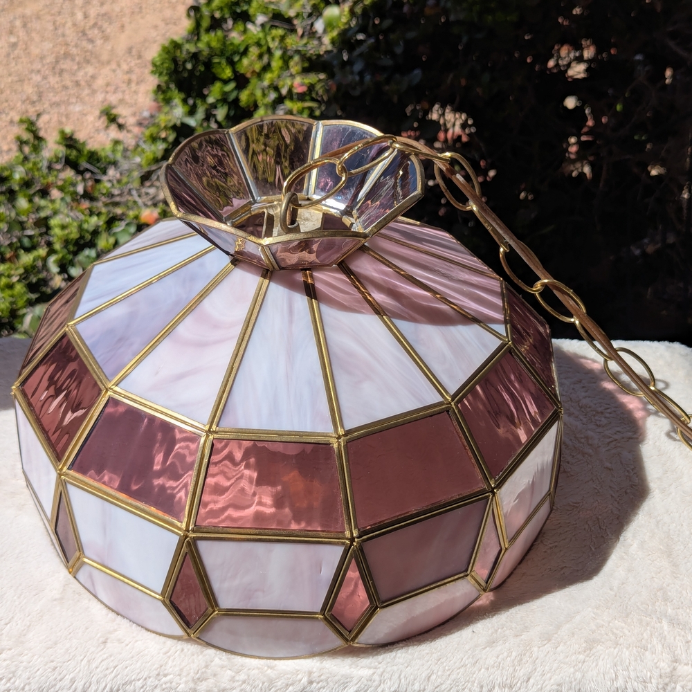Vintage Tiffany Style MCM Purple and Pink Stained Glass Hanging Pendant Light - Picture 2 of 13